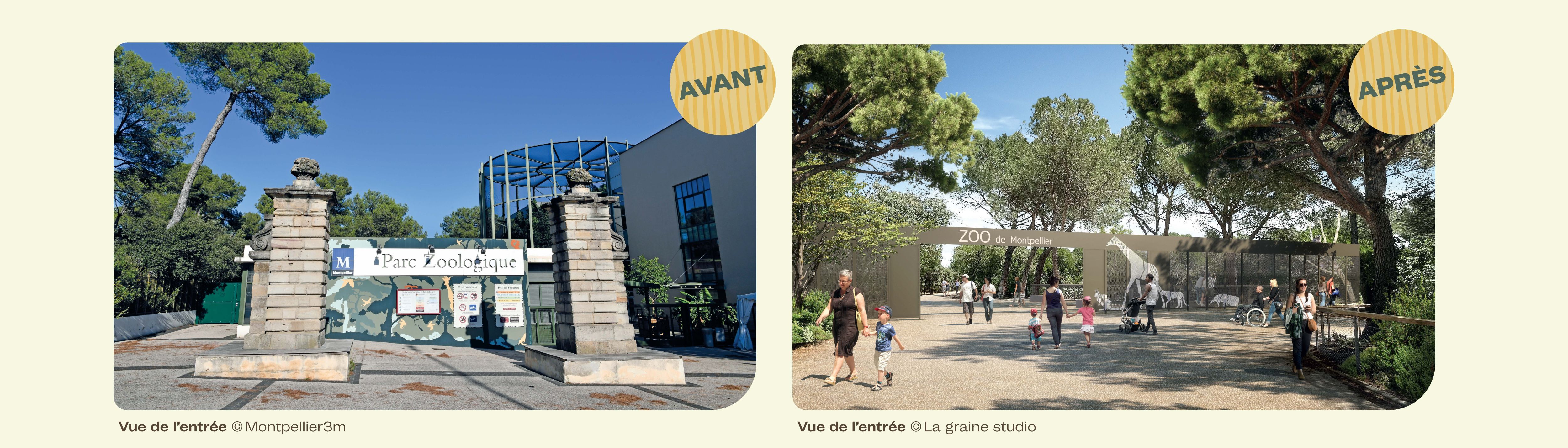 Vue de l'entrée actuelle du zoo et projection de la future entrée