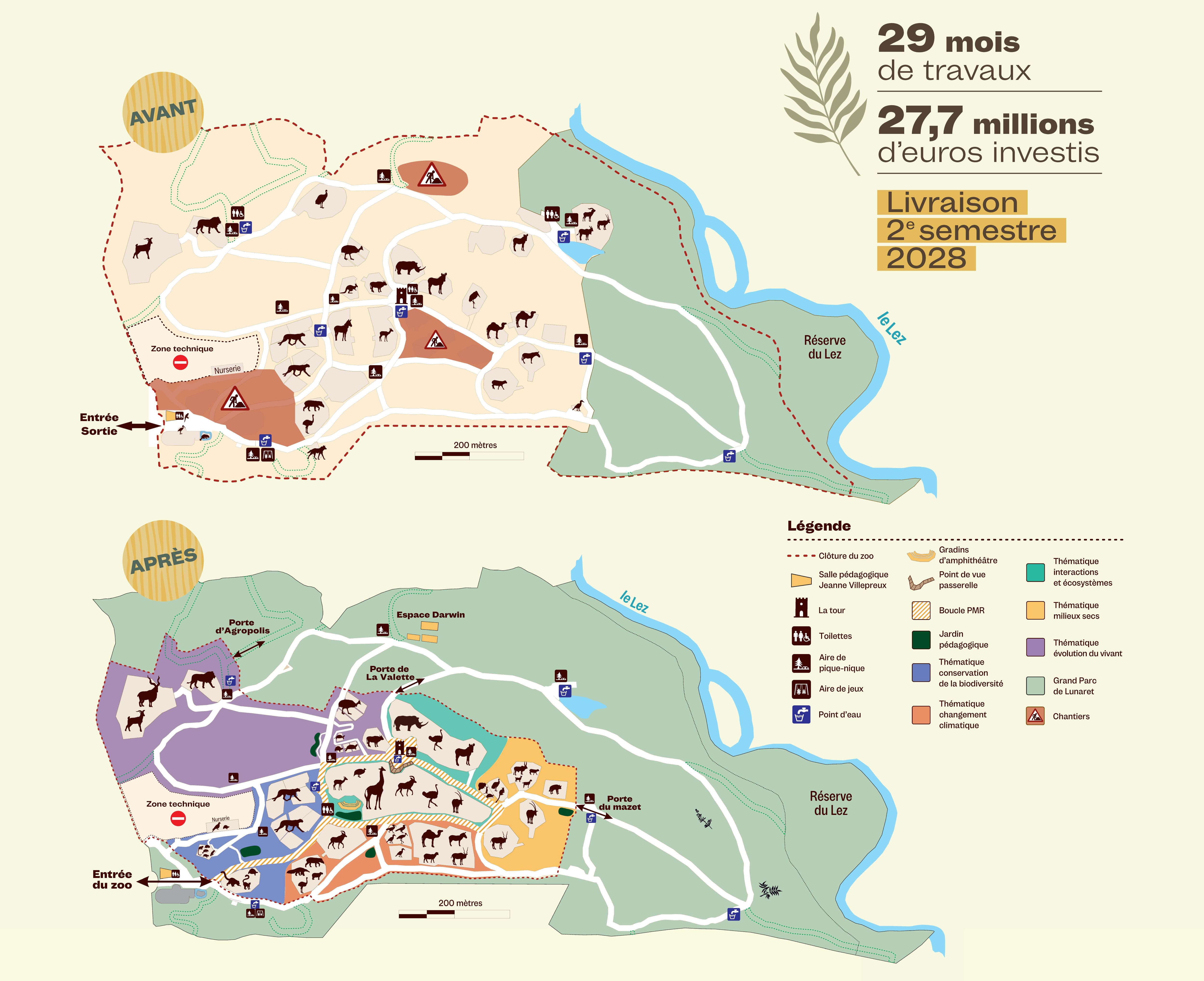 Plan du zoo de Montpellier avant et après les travaux