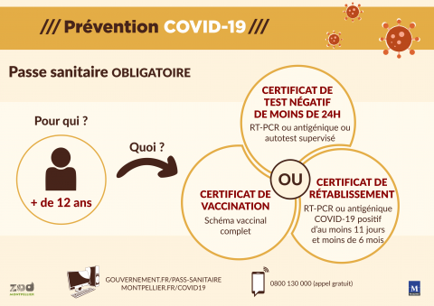 Modalités du passe sanitaire : certificat de vaccination, test de moins de 24h, certificat de rétablissement de moins de 6 mois.